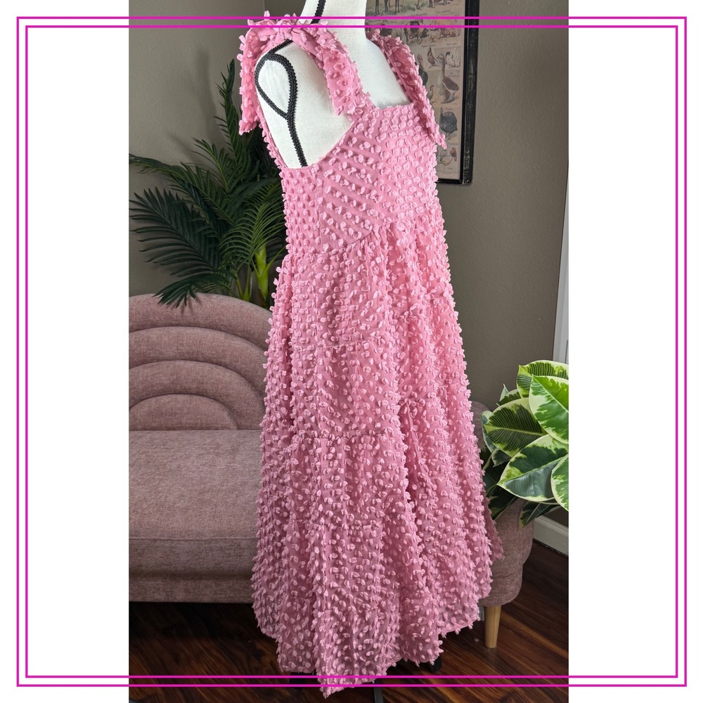 Sister Jane Bando Women's XS Pink Textured Midi Dress Tiered Sleeveless - Picture 2 of 14